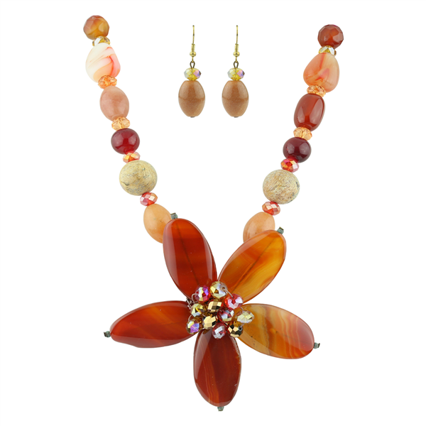 Beautiful & Sparkling Iridescent Crystals & Red-Orange Stone Beads Necklace Set