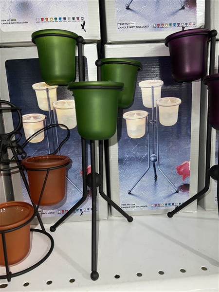 Standing Three Frosted Green Glass & Metal Candle Holder