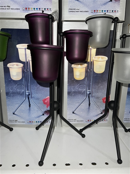 Standing Three Frosted Deep Purple Glass & Metal Candle Holder