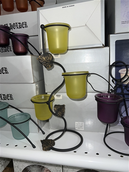 Three Frosted Yellow Glass & Spiraled Metal Leaf Candle Holder