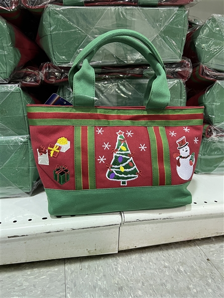 Christmas Inspired Embroidered Red & Green Canvas Handbag