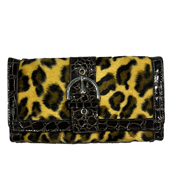 Brown Faux Alligator Leather Trim Leopard Faux Fur Print Magnetic Wallet