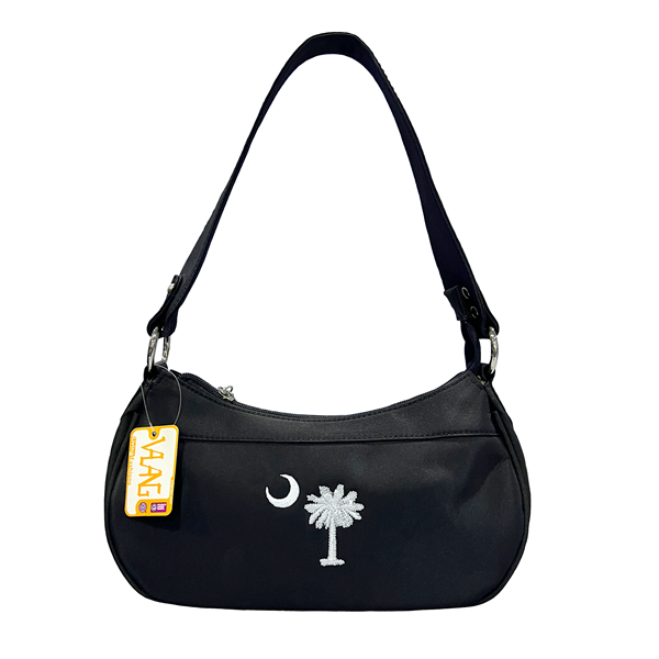 White Embroidered Palm Tree & Crescent Moon Easy To Clean Black Satchel Shoulder Bag