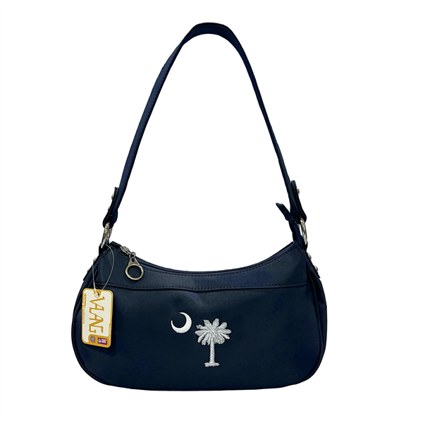 White Embroidered Palm Tree & Crescent Moon Easy To Clean Navy Blue Satchel Shoulder Bag