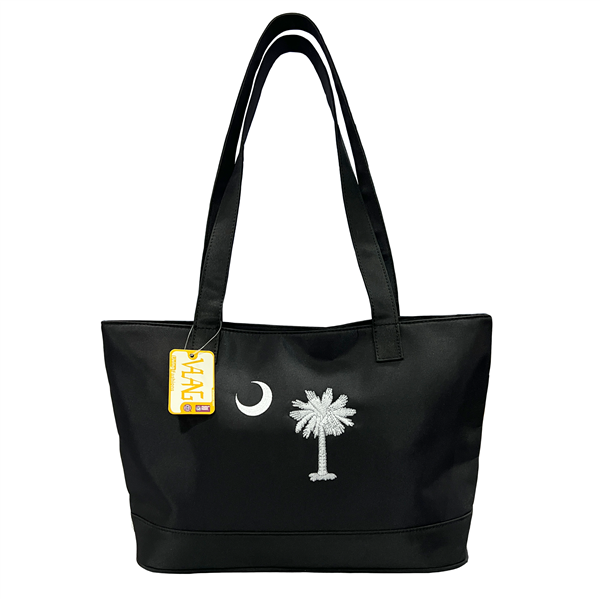 White Embroidered Palm Tree & Crescent Moon Easy To Clean Black Tote Shoulder Bag