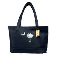 White Embroidered Palm Tree & Crescent Moon Easy To Clean Navy Blue Tote Shoulder Bag