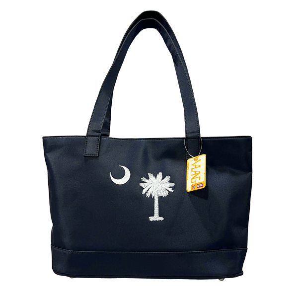 White Embroidered Palm Tree & Crescent Moon Easy To Clean Navy Blue Tote Shoulder Bag