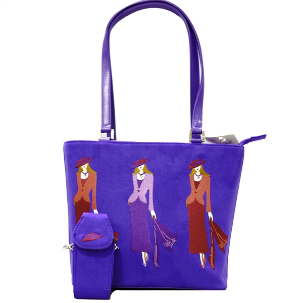 Fashion Embroidered Purple Faux Leather & Suede Small Tote Handbag