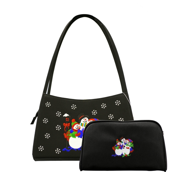 Multi-Colored Embroidered Snowman Family & Snowflakes Black Handbag Set