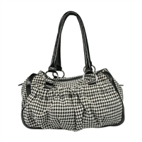 Stylish Black & White Houndstooth Check Pattern Faux Leather Trim Satchel Handbag