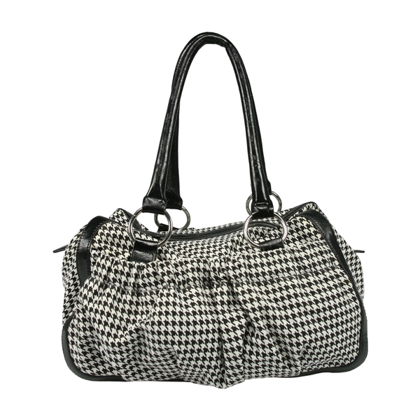 Stylish Black & White Houndstooth Check Pattern Faux Leather Trim Satchel Handbag