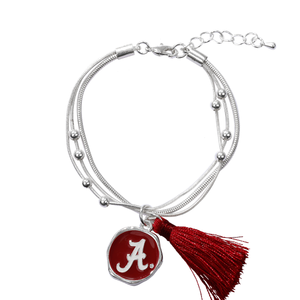 University of Alabama Team Colored Round Logo Charm & Tassel Silver Beaded Snake Chain Bracelet