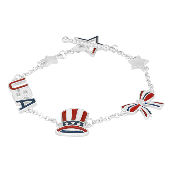 Red, White & Blue Stars & Stripes Patriotic American Charm Silver Toggle Bracelet