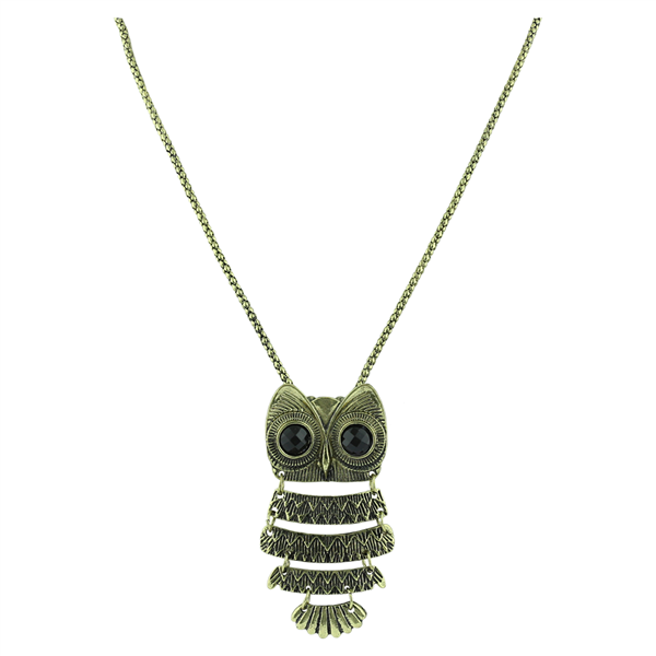 Bronze Plated Crystal Vintage Quad-Wing Owl Necklace