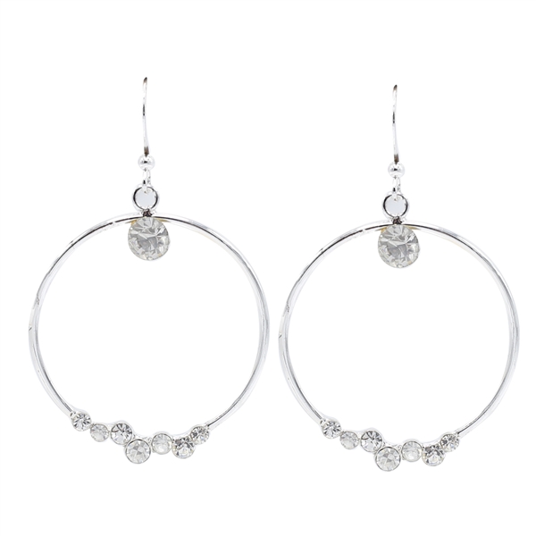 Unique Sparkling Diamond Crystal Round Drop Silver-Toned Fish Hook Earrings