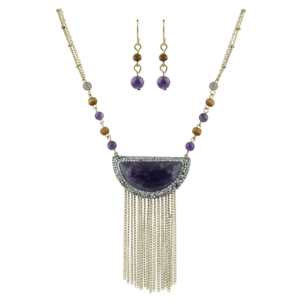 Beautiful Crystal Amethyst Stone Gold Necklace Set