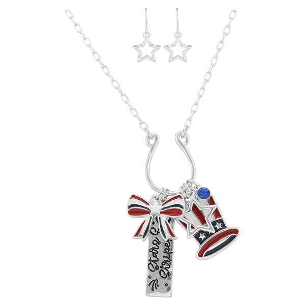 Stylish Fashionable Patriotic American Flag Themed Ribbon Hat Stars & Stripes Charm Post Dangle Star Earrings Silver Necklace Set