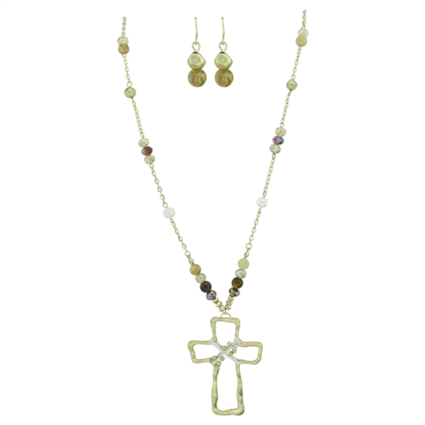 Stylish Spiritual Faith Iridescent Crystal Beads Gold Toned Beaded Post Dangle Earrings Gold Toned Cross Lobster Clasp Necklace Set