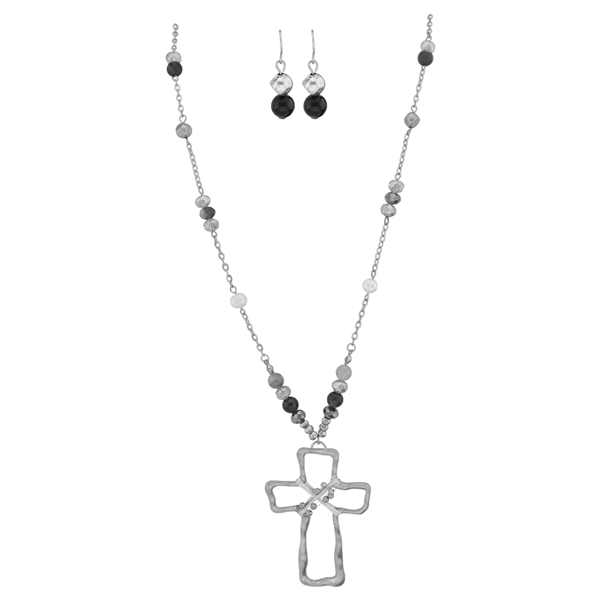 Stylish Spiritual Faith Iridescent Crystal Beads Silver Toned Beaded Post Dangle Earrings Silver Toned Cross Lobster Clasp Necklace Set