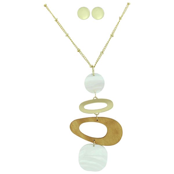 Stylish Fashionable White Iridescent Faux Wood Gold Necklace Set