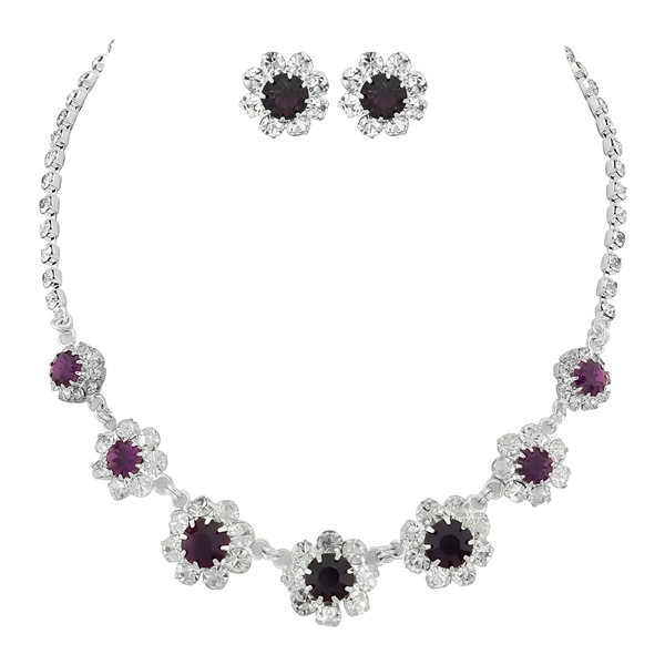Trendy Sparkling Clear & Amethyst Crystal Round Stud Earrings Necklace Set
