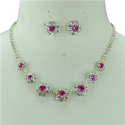 Trendy Sparkling Clear & Rose Crystal Round Stud Earrings Necklace Set