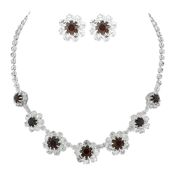 Trendy Sparkling Clear & Topaz Crystal Round Stud Earrings Necklace Set