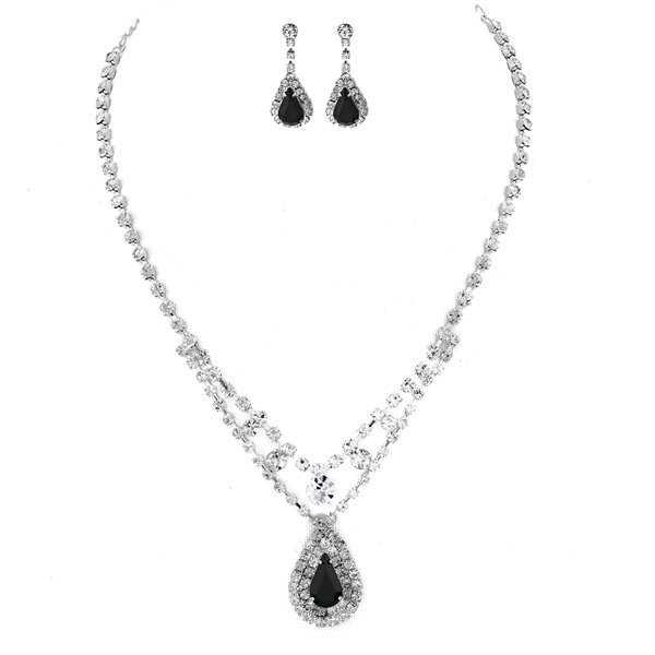 Elegant Sparkling Clear & Jet Black Crystal Teardrop Post Earrings Necklace Set