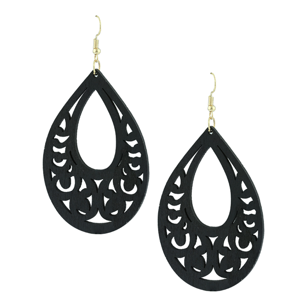 Black Faux Wood Laser Cut Oval Shaped Wholesale Earrings