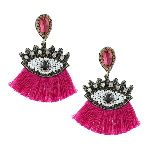 Unique Crystal & Beaded Fuchsia Tassel Eye Drop Stud Earrings