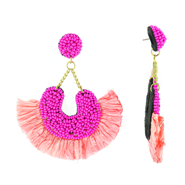 Fuchsia Bead Encrusted Fan Earrings