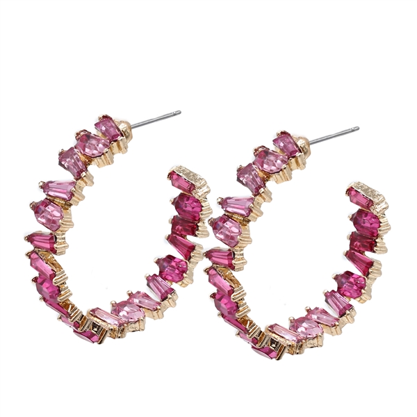 Fashion Tapered Fuchsia Baguette Crystal Gold Tone Huggie Stud Earrings