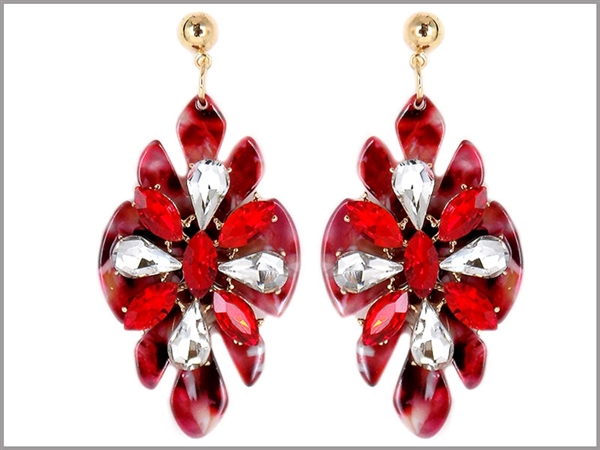 Siam Red & Clear Tear Drop Crystals Marbled Red Decorative Shape Post Dangle Earrings