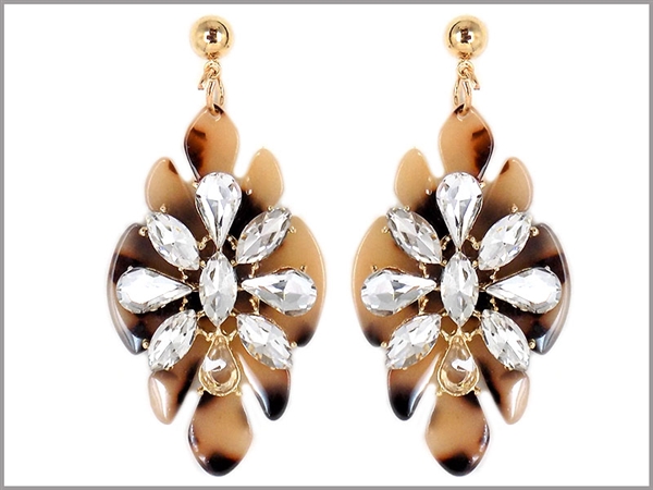 Clear Tear Drop Crystal Light Brown Leopard Decorative Shape Post Dangle Earrings