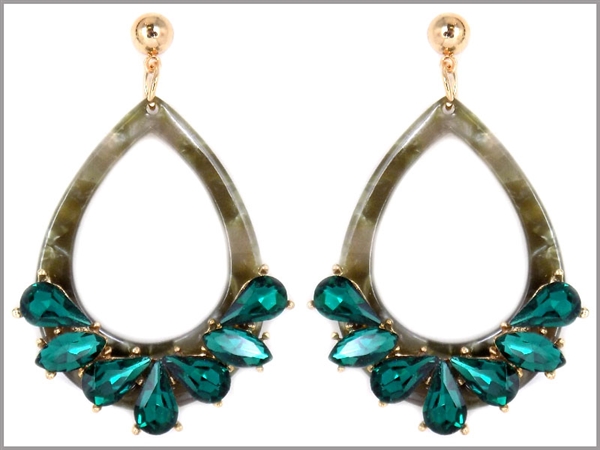 Emerald Green Tear Drop Crystal Marbled Olive Green Open Tear Drop Celluloid Post Dangle Earrings