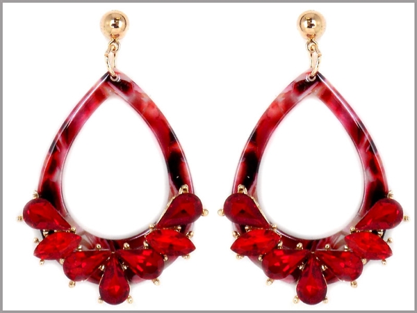 Siam Red Tear Drop Crystal Marbled Red Open Tear Drop Celluloid Post Dangle Earrings