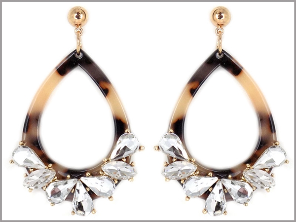 Clear Tear Drop Crystal Light Brown Leopard Open Tear Drop Celluloid Post Dangle Earrings