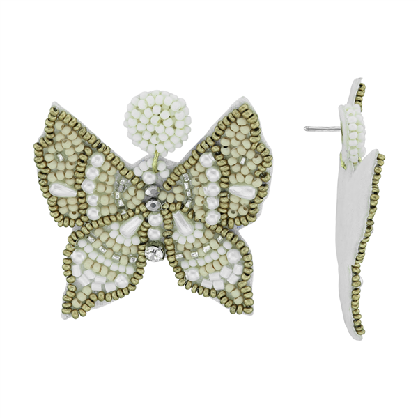 Stylish Gold, Ivory & White Beaded Butterfly Ivory Felt Silver Stud Dangle Earrings