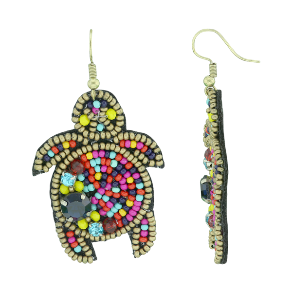 Stylish & Colorful Beaded Crystals Turtle Black Felt Gold Post Dangle Earrings