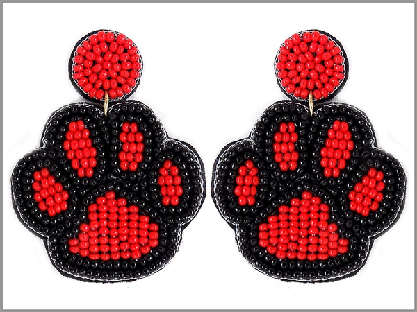 Fashion Paw Print Red & Black Seed Bead Post Dangle Earrings