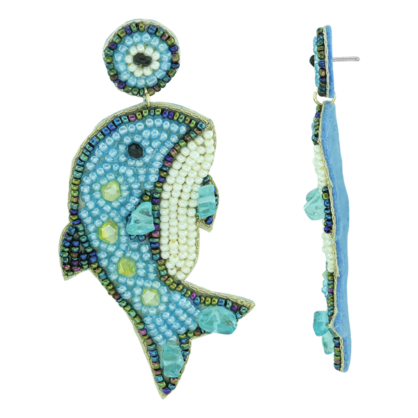 Stylish Colorful Beaded Aqua Blue Crystal Stone Dolphin Baby Blue Felt Silver Stud Dangle Earrings