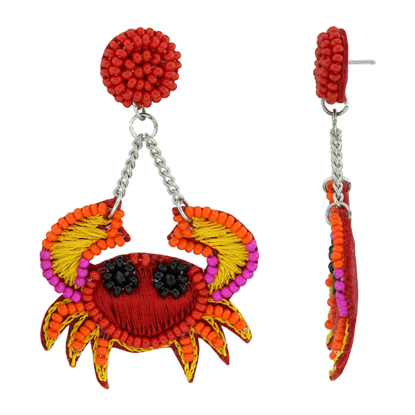 Stylish & Unique Beaded String Crab Red Felt Silver Stud Dangle Earrings