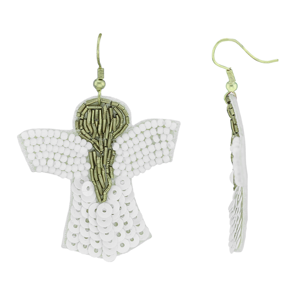 Faith & Spiritual Stylish White Beads Iridescent Sequins Felt Gold Post Dangle Earrings