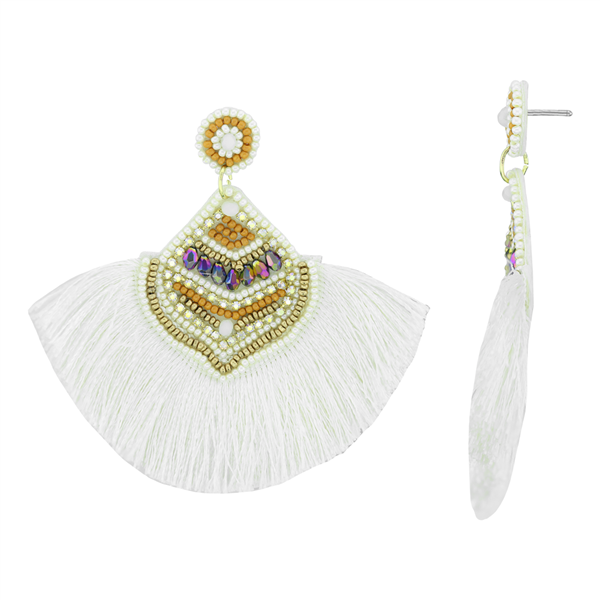 Gorgeous & Fashionable White, Yellow & Gold Beads Iridescent Crystals White Fringed Tassel Gold Stud Dangle Earrings