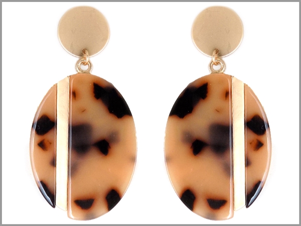 Light Brown Leopard Oval Shaped Celluloid, Light Gold Toned Metal Bar & Round Post Dangle Earrings