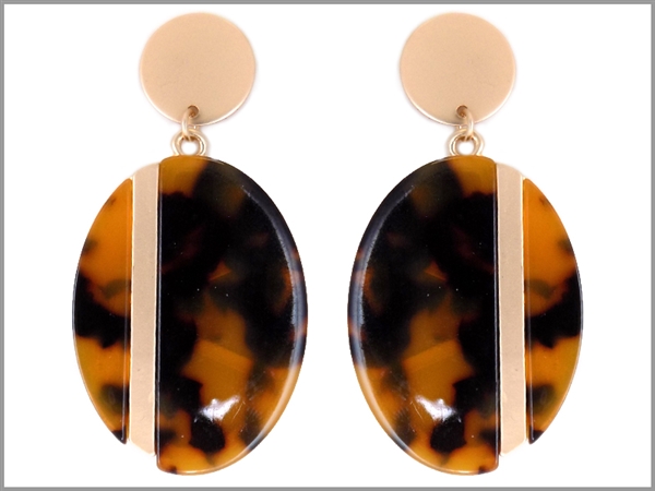 Brown Leopard Oval Shaped Celluloid, Light Gold Toned Metal Bar & Round Post Dangle Earrings