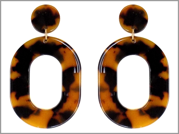 Brown Leopard Open Oval Celluloid Circle Post Dangle Earrings