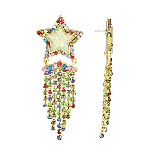 Gorgeous Sparkling Multi Colorful Crystals Iridescent Star Tassel Dangle Gold-Toned Earrings
