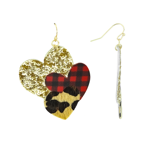 Fashion Trend Faux Leopard Glitter Plaid Heart Shape Drop Gold-Toned Earrings