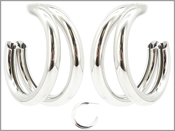 Rhodium Silver Toned Double Open Loop Hoop Earrings